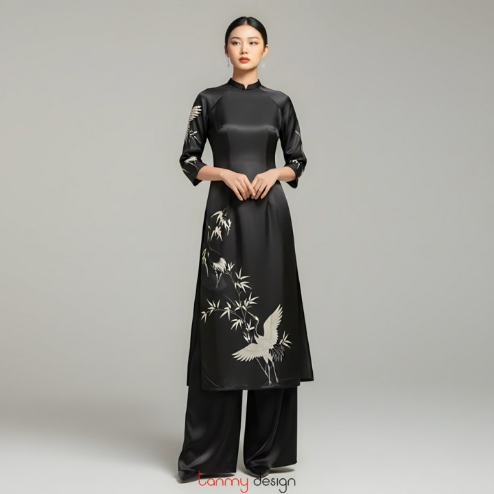 Set Áo Dài Tân Xuân taffeta họa tiết chim hạc